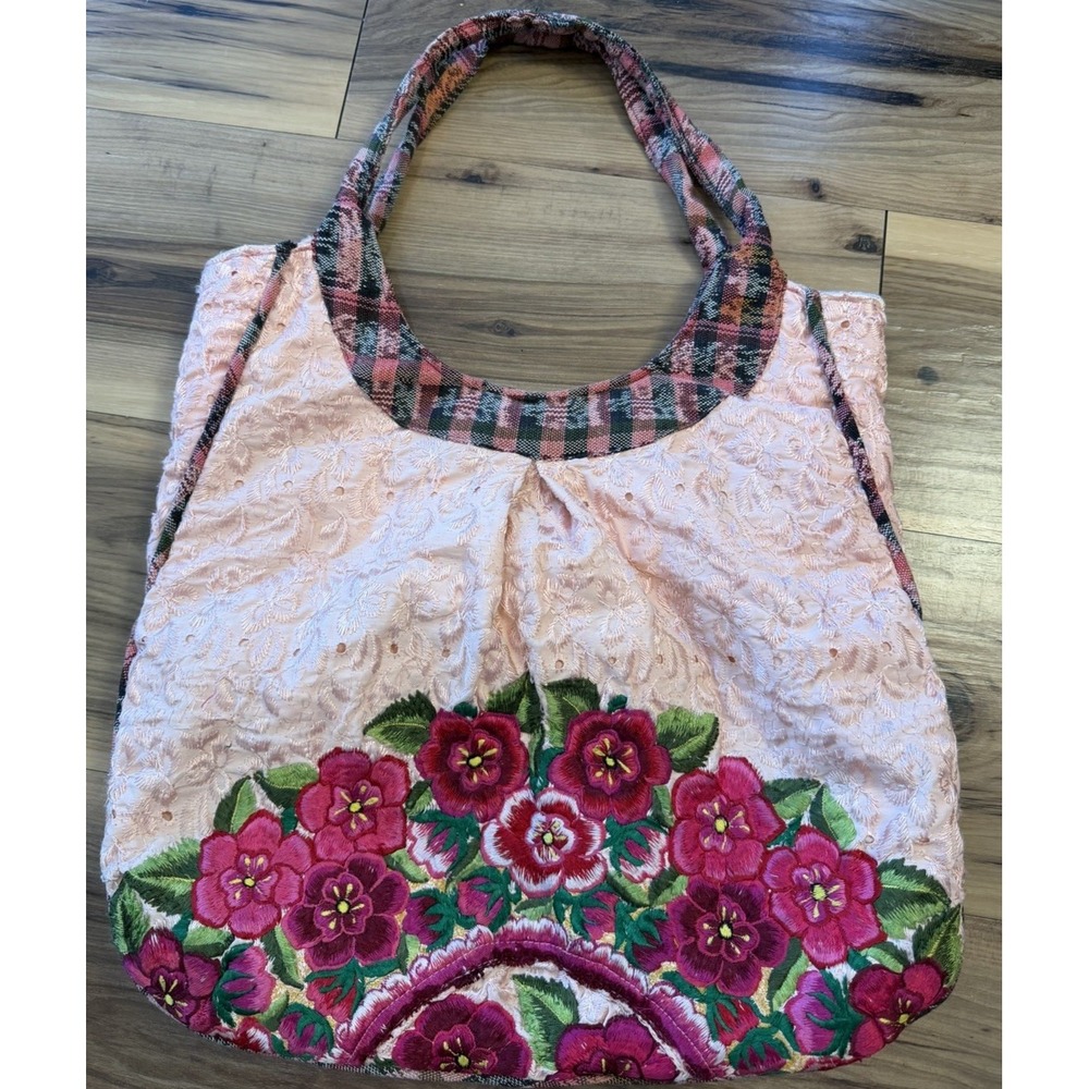 Altiplano Pink Embroidered Floral Shoulder Tote Boho Folk Art Eyelet Handbag